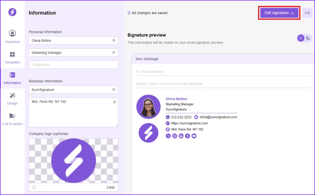 Designing an email signature with logo in SyncSignature editor for Gmail