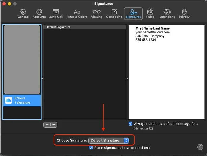 step for adding default signature for icloud signature