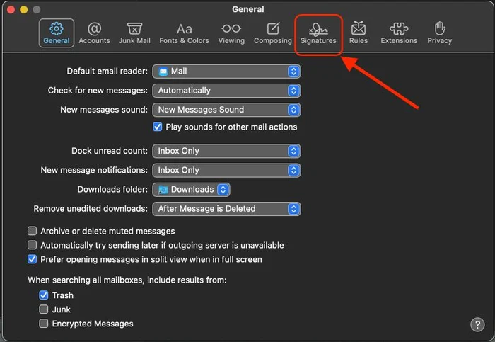 steps showing selecting default macos mail html signature