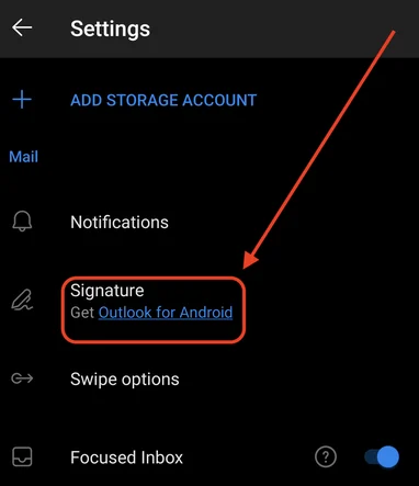 steps showing adding email signature in outlook mobile app for android devices