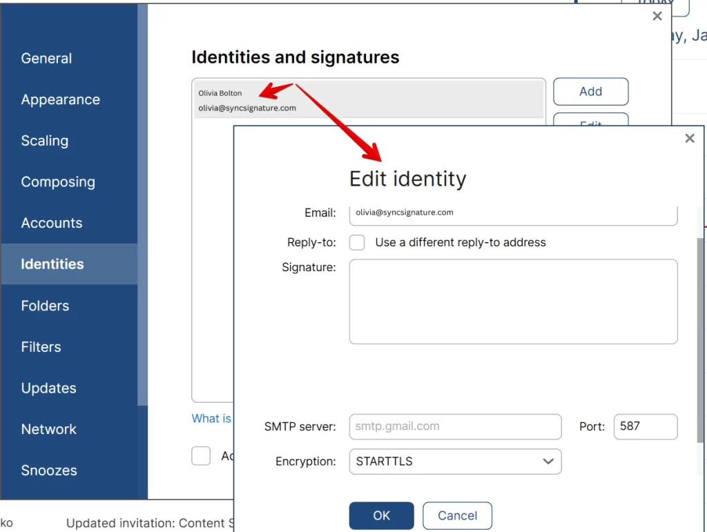 open identities tab in mailbird to edit an email signature