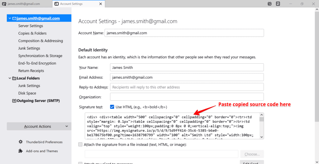 Paste your copied source code to the Signature text