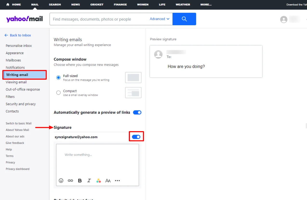 steps showing how to add email signature in yahoo mail web