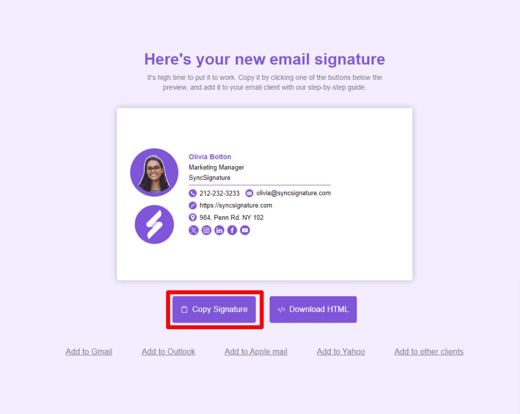 step 2 in Install signature in Spark for Mac showing copy signature button